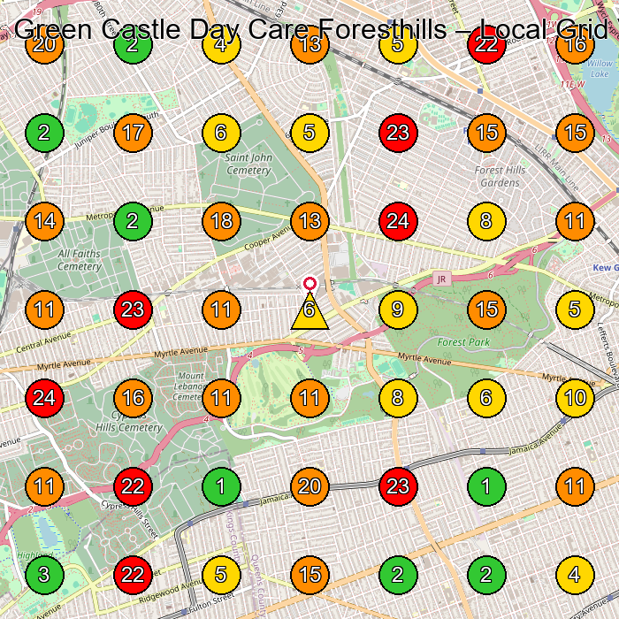 Green Castle Day Care Foresthills Day Care Center GeoGrid ranking map for Forest Hills NY